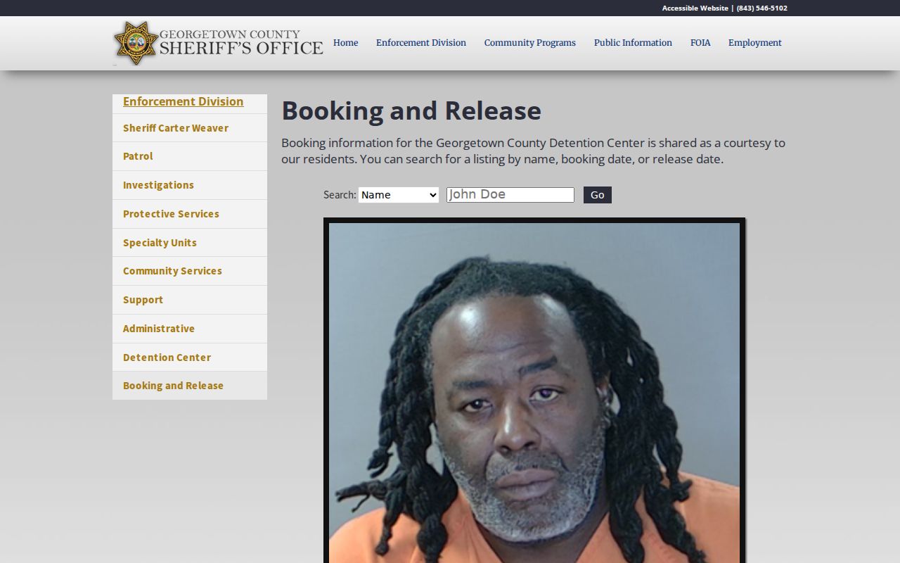 Georgetown County booking interface, which is not an active-warrant roster