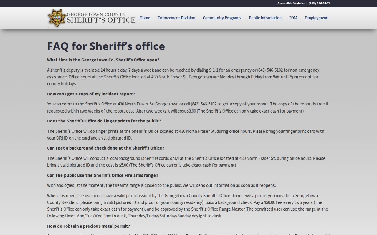 Georgetown County Sheriff FAQ on booking and active warrant information