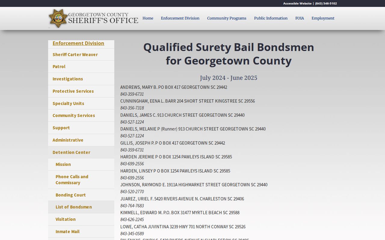 Georgetown County official qualified bondsmen information for warrant resolution