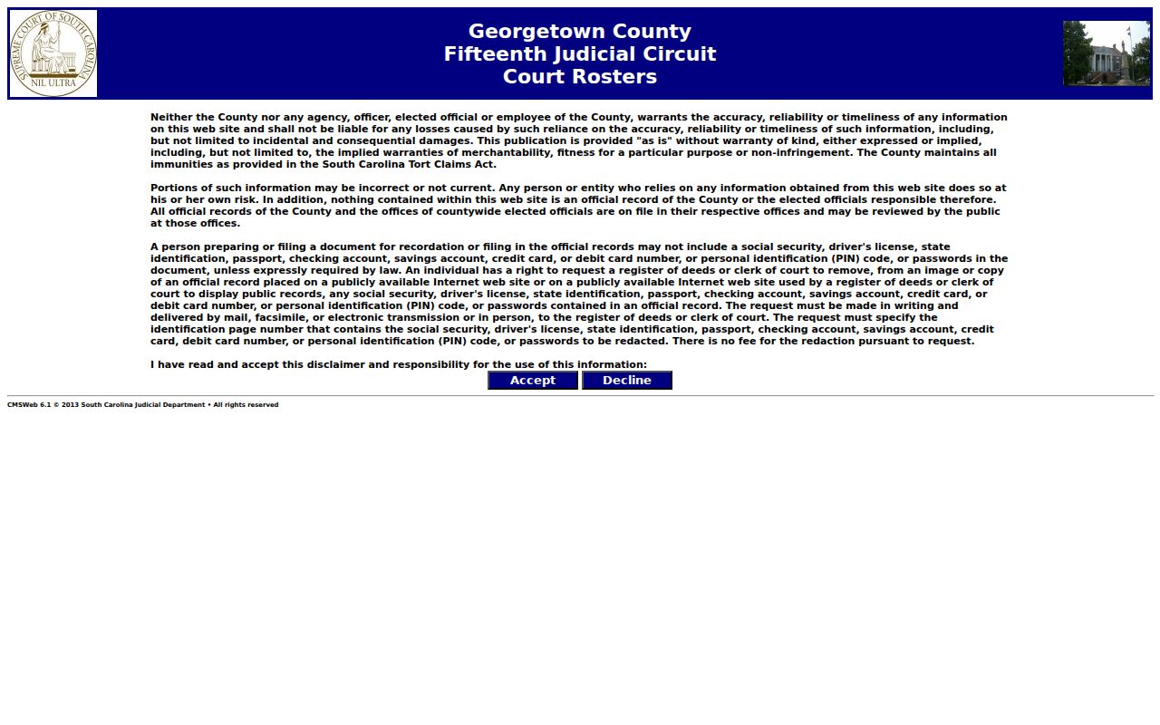 Georgetown County court roster search interface for warrant case lookup