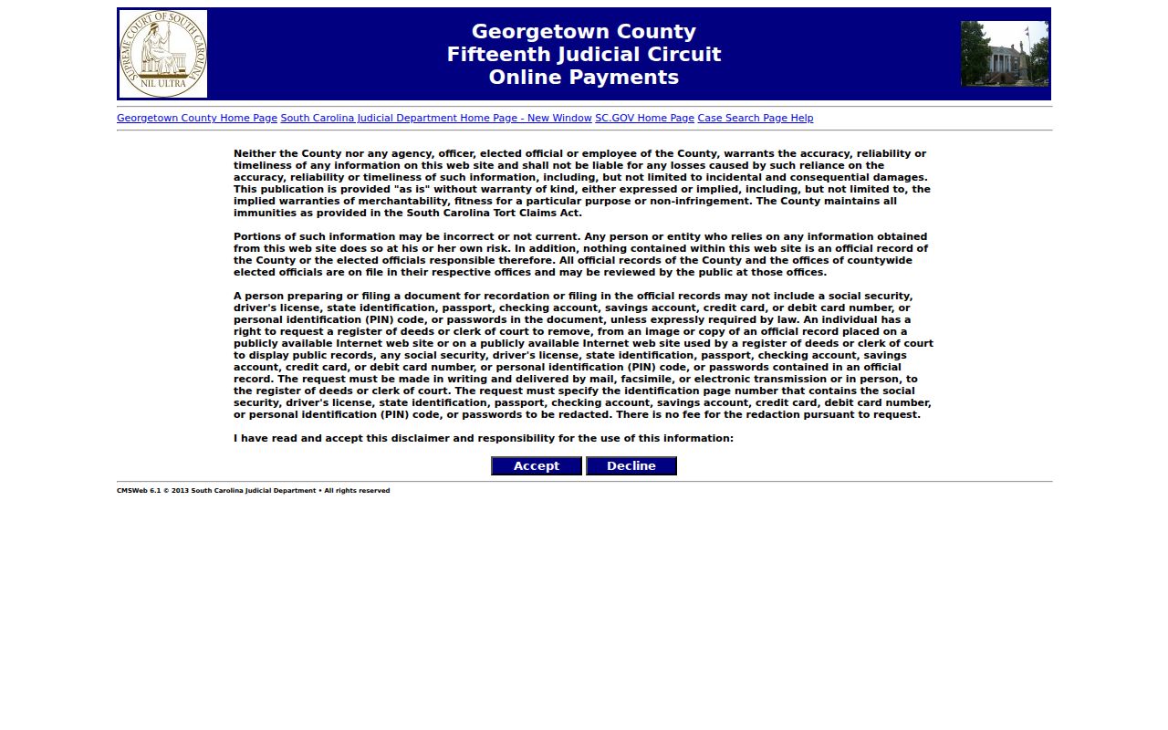 Georgetown County Fifteenth Circuit online payment interface for traffic cases