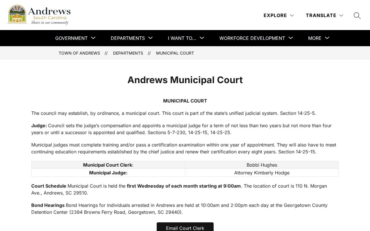 Andrews municipal court contact and ticket information for a town warrant
