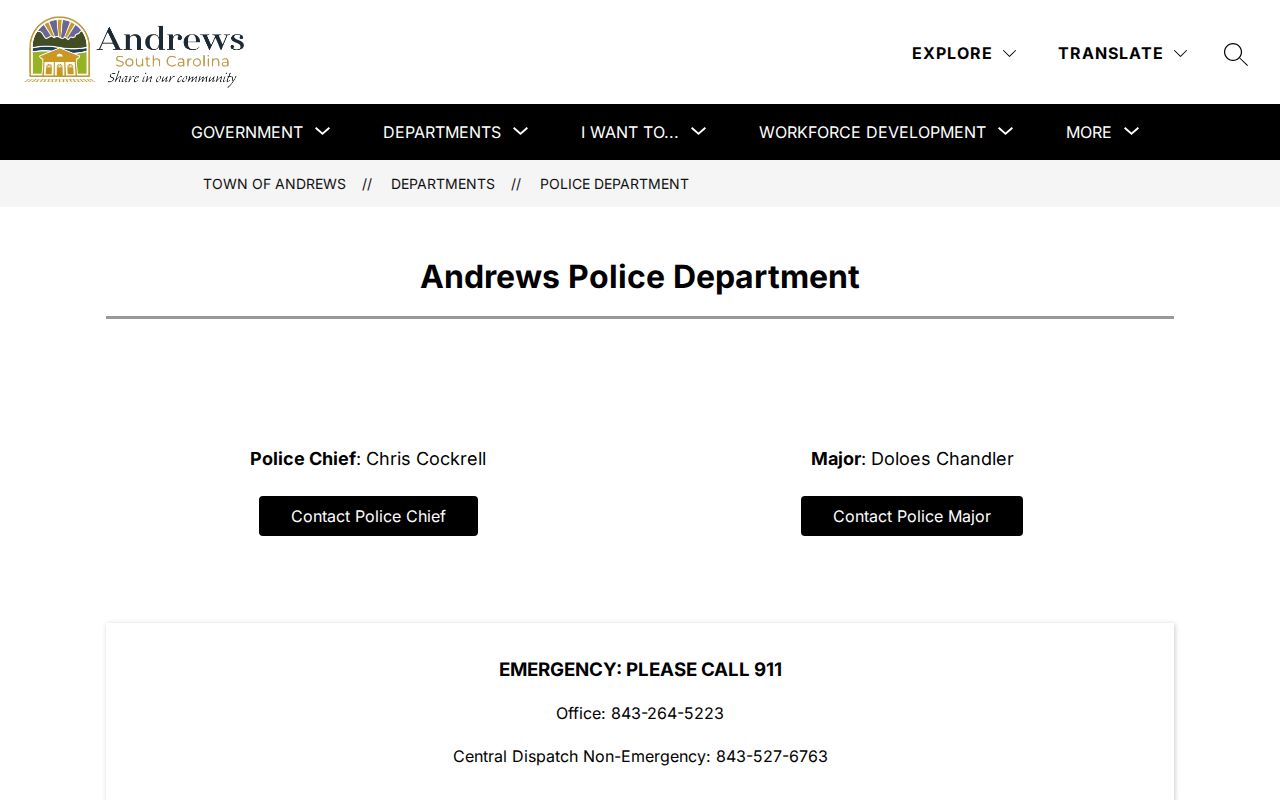 Andrews police contact page used to route a town warrant records question